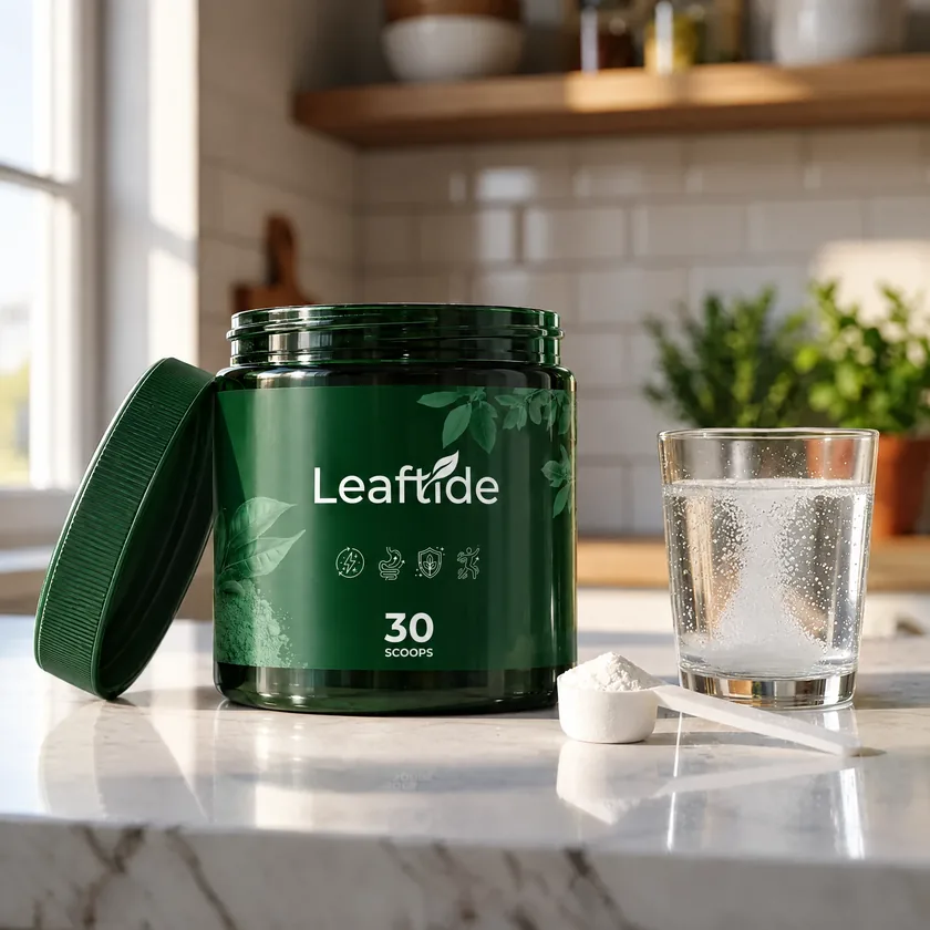Open Leaftide tub with the measuring scoop and a glass of water